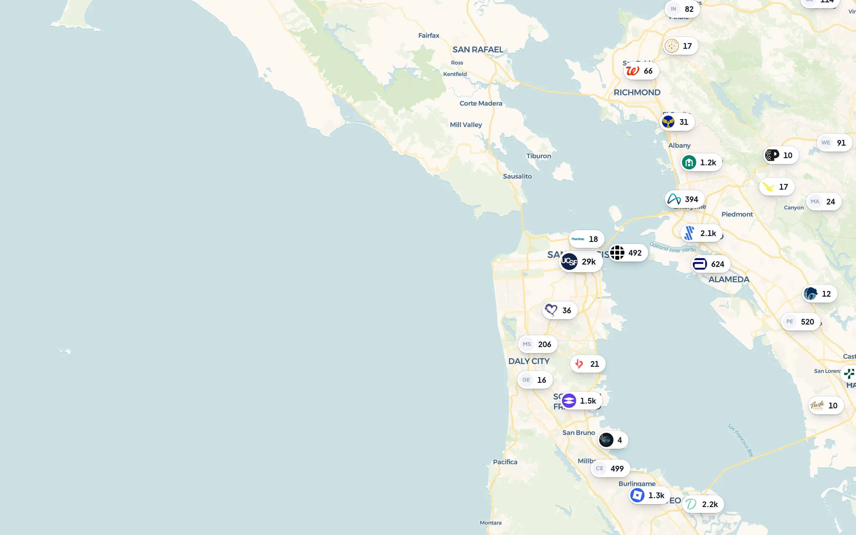 TheJobsMap zoomed into the San Francisco Bay Area